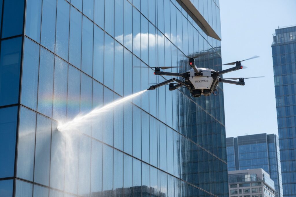A window-cleaning drone sprays a stream of water onto the glass facade of a skyscraper.