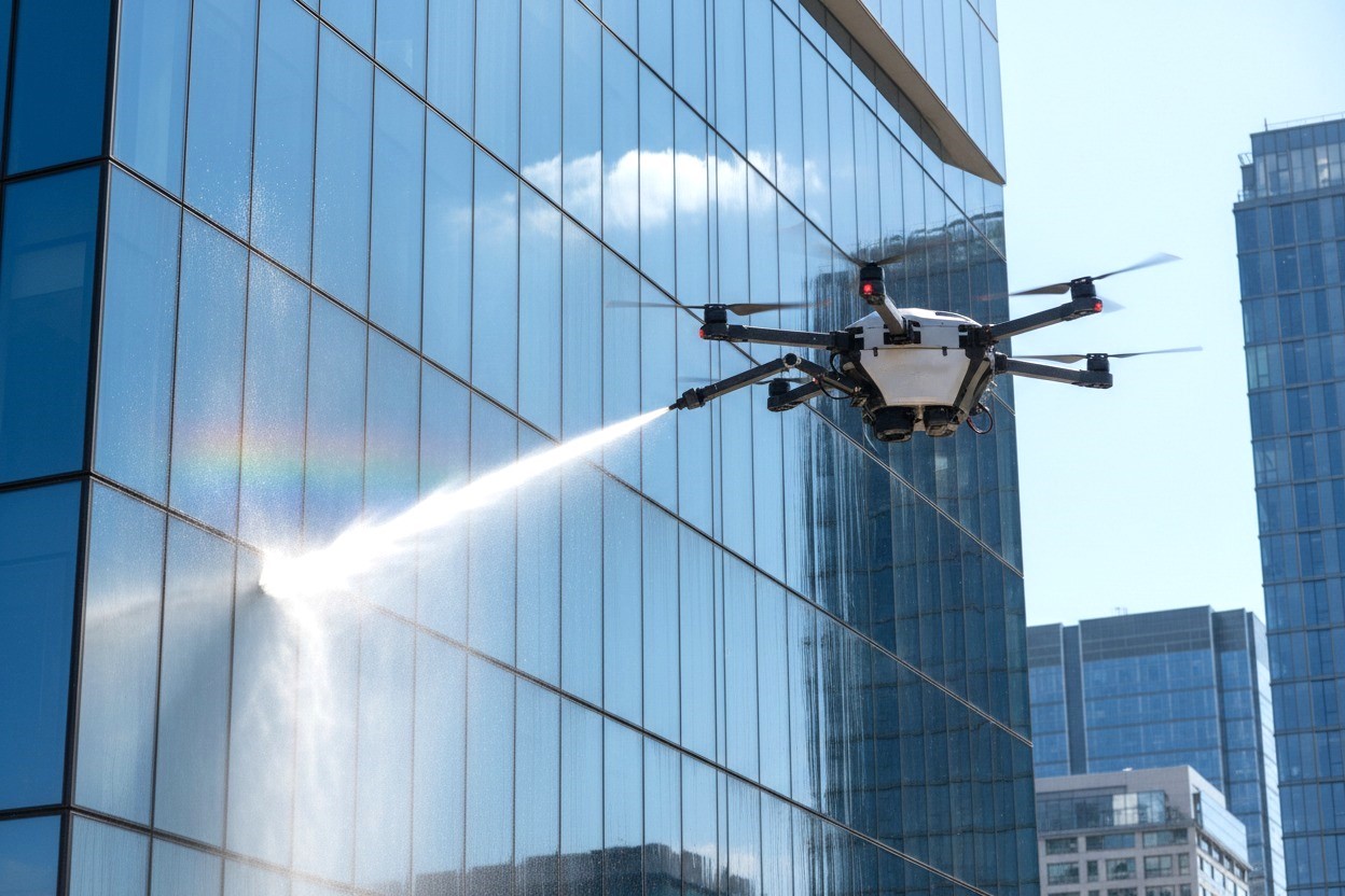 A window-cleaning drone sprays a stream of water onto the glass facade of a skyscraper.